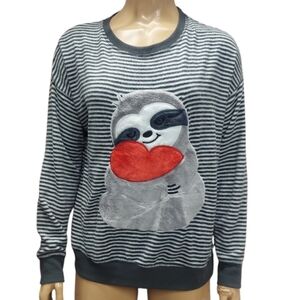 Furry Sloth Striped Light Fleece Long Sleeve Top Lounge Shirt